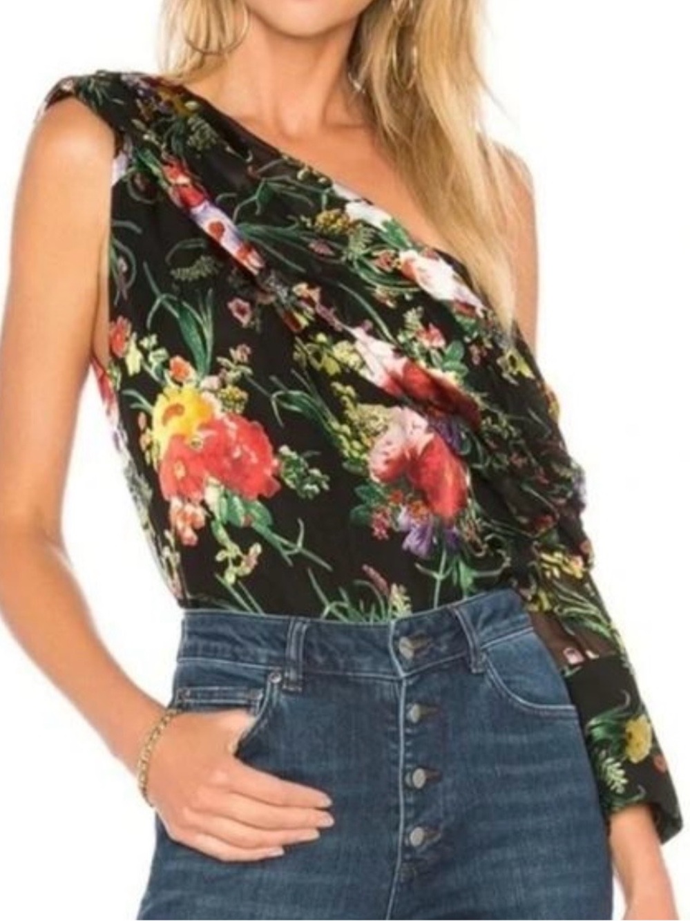 Alice + Olivia Serita Blooming Bouquet Floral One Shoulder Silk Top